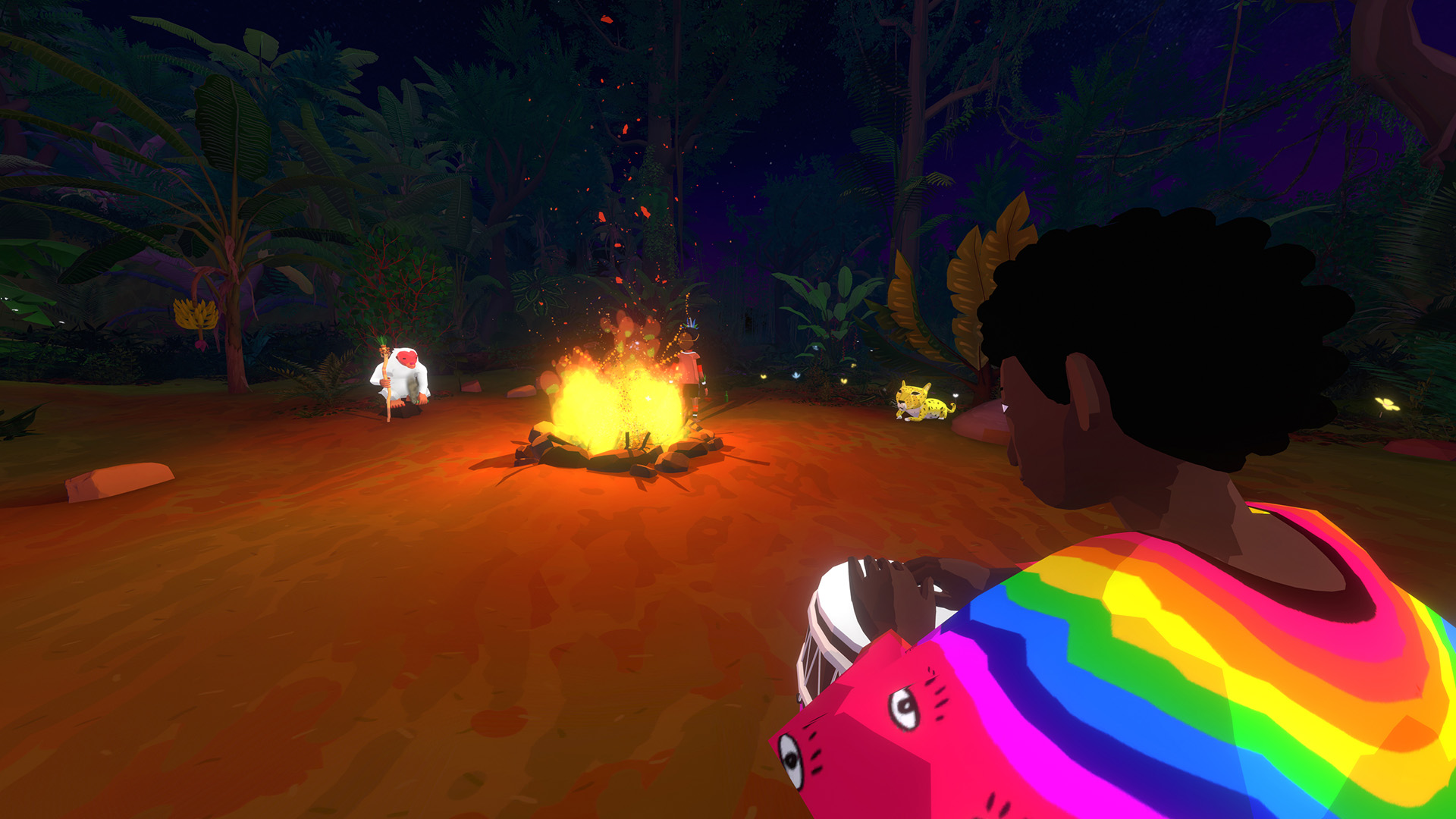 Image of 3D Musician Josi playing percussion instrument around the fire